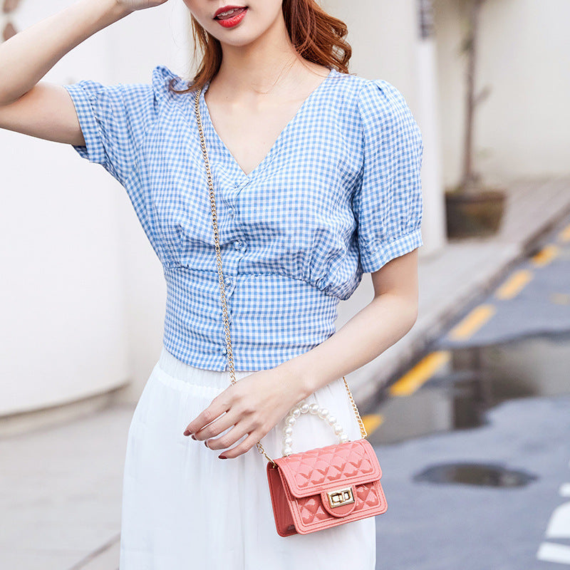 Women's Beaded Gel Mini Glossy Rhombus Chain Handbags