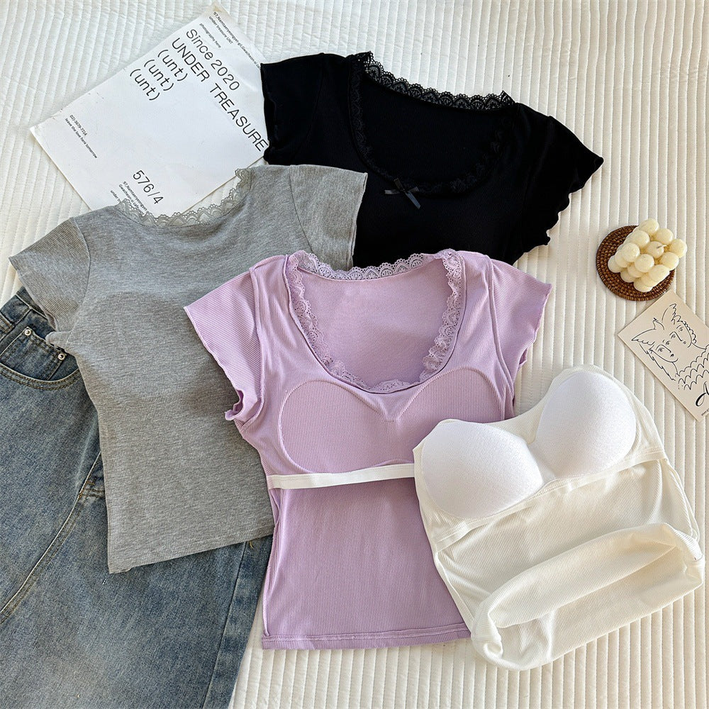 Short-sleeved Lace Back Pure Style Design T-shirt Outer Tanks Camis