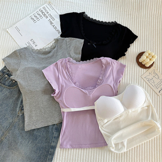 Short-sleeved Lace Back Pure Style Design T-shirt Outer Tanks Camis