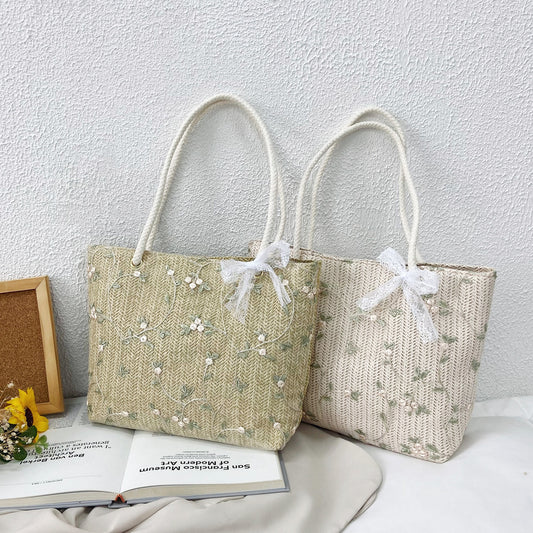 Women's Straw Woven Fresh Bow Lace Portable Shoulder Bags
