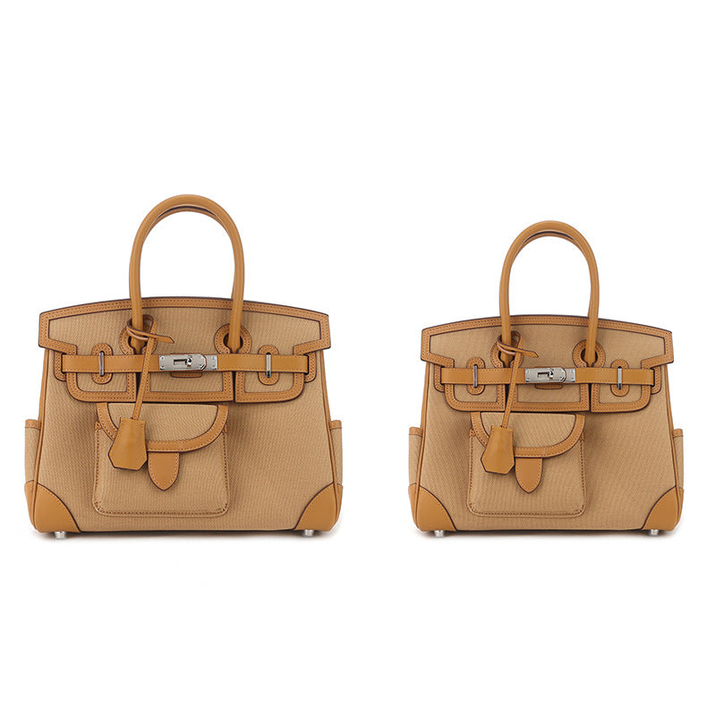 Canvas Cowhide Pocket Fashion Large Capacity Women's Shoulder Bag