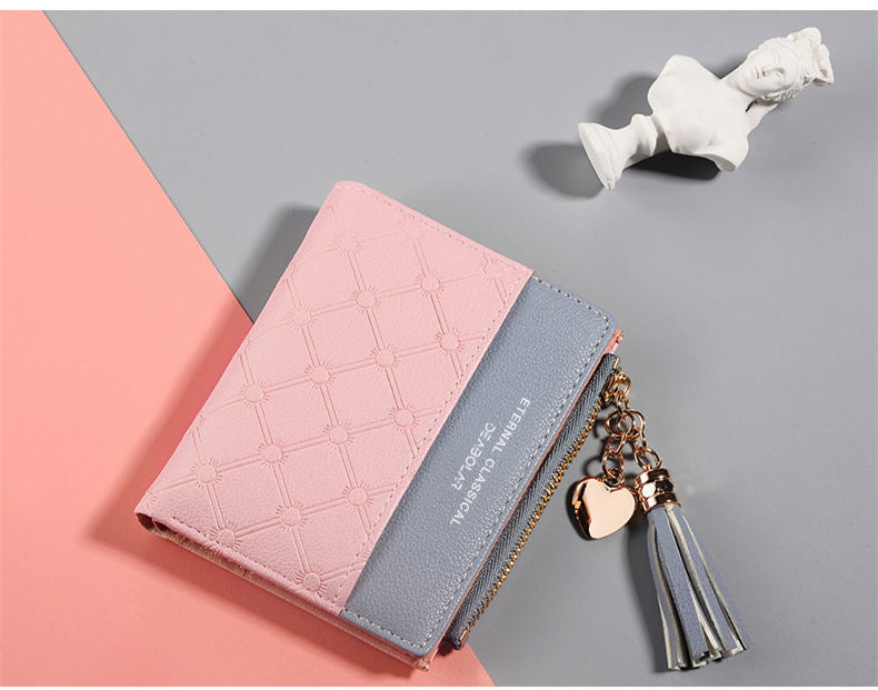 Women's Korean Style Short Stitching Contrast Color Tassel Ladies Wallets