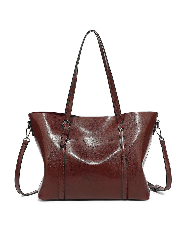 Women's Fashion Trendy Oil Leather Portable Big Women's Shoulder Bag
