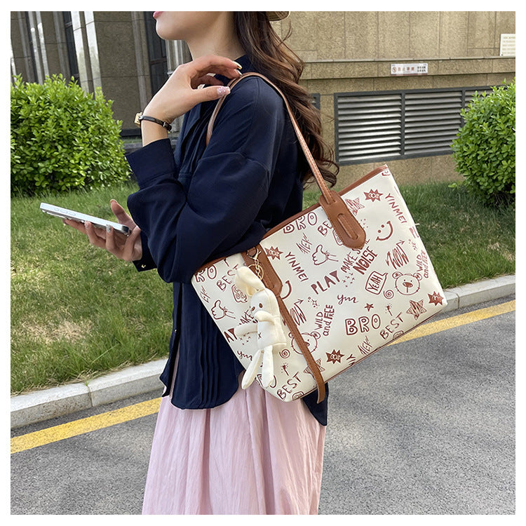 Contrast Color Big Female Cute Cartoon Printed Easy Matching Large Bags