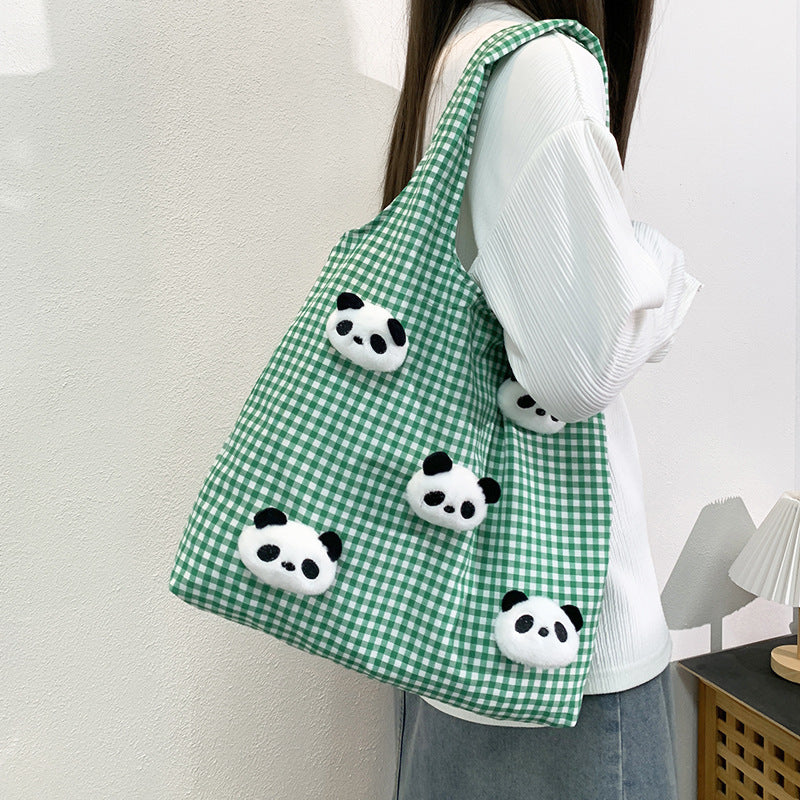 Large Capacity Simple Panda Doll Plaid Vest Shoulder Bags