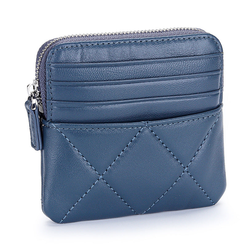 Women's Sheepskin Fashion Genuine Leather Embroidered Plaid Multiple Slots Coin Purses