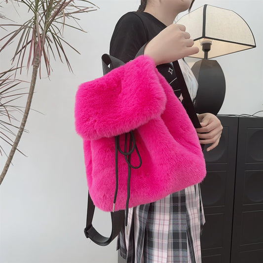 Plush Faux Rabbit Fur Large Capacity Drawstring Leopard Print Handbags
