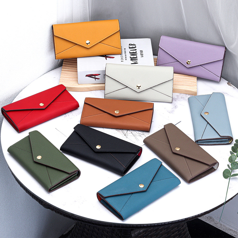 Women's First Layer Long Cowhide Contrast Color Fashion Stitching Large Ladies Wallet