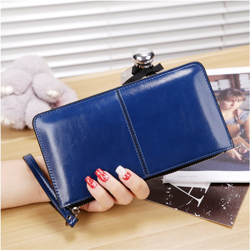 Women's Zipper Hasp Korean Style Large Capacity Oil Wax Leather Ladies Wallet