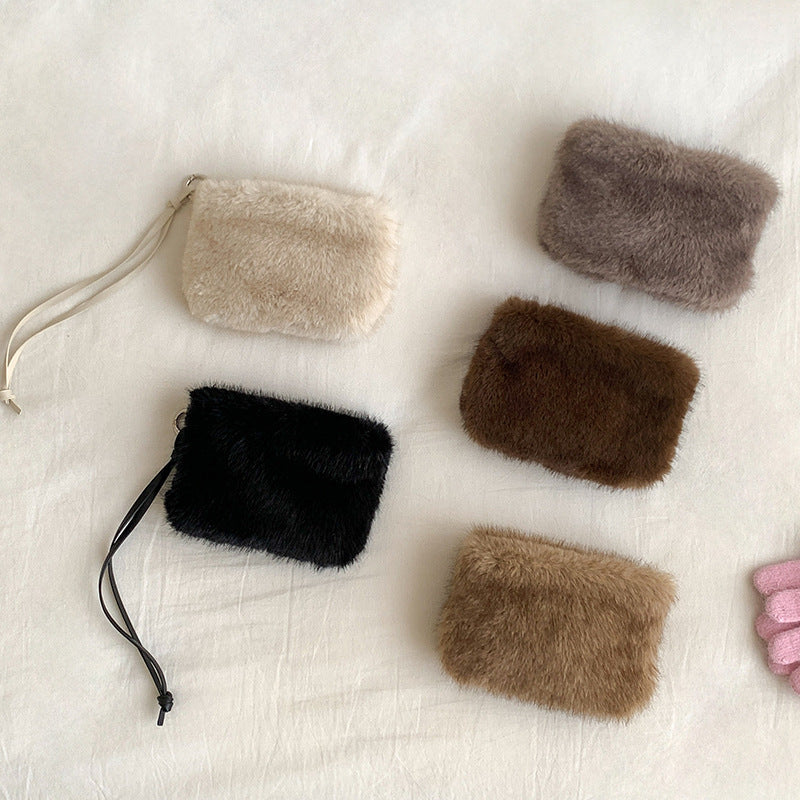 Women's Korean Style Solid Color Creative Plush Portable Earphone Bags