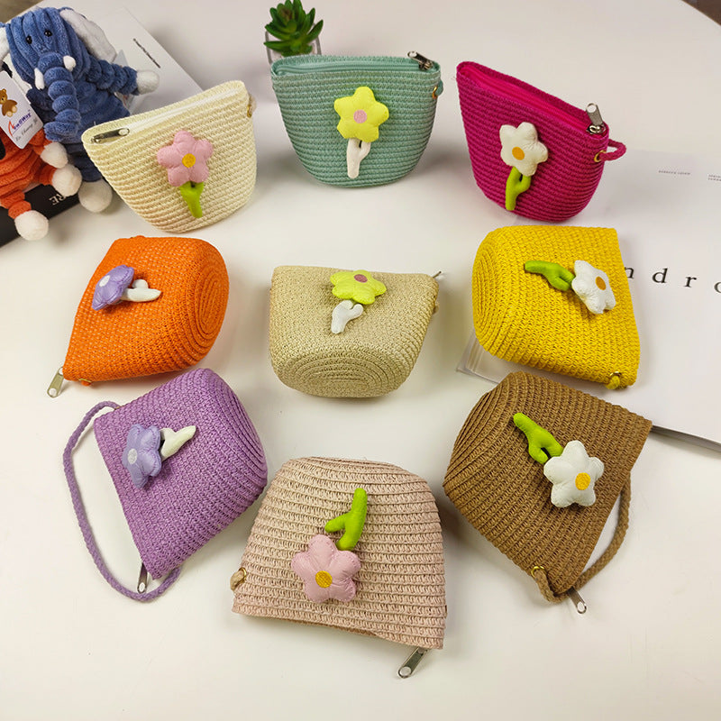 Children's Mini Straw Flower Woven Little Coin Purses