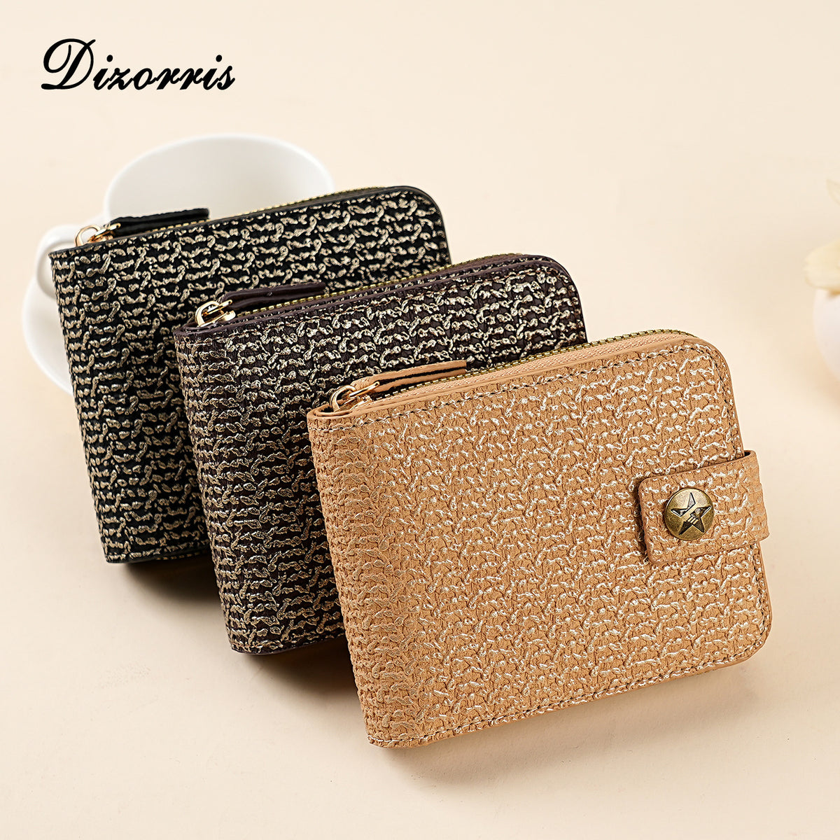 Men's Short Fashion Retro Zipper Hasp Tri Card Holder