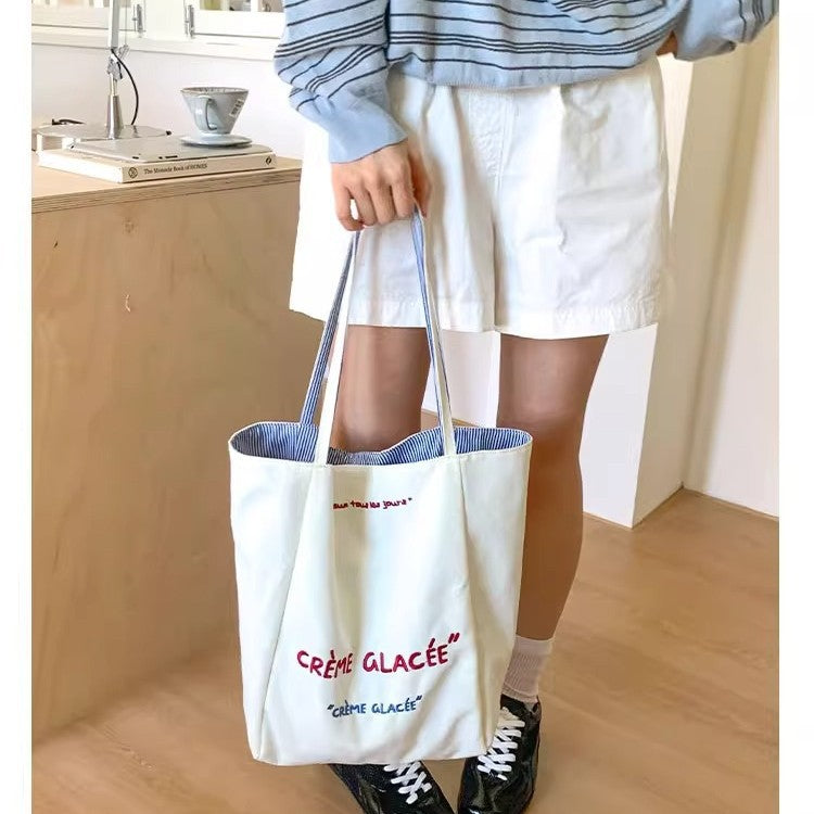White Large Capacity Embroidered Double-sided Canvas Women's Shoulder Bag