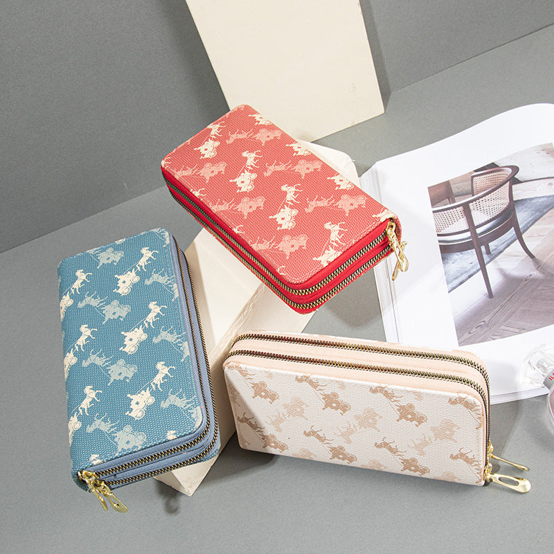 Women's Double Zip Long Printed Clutch Mobile Phone Bags