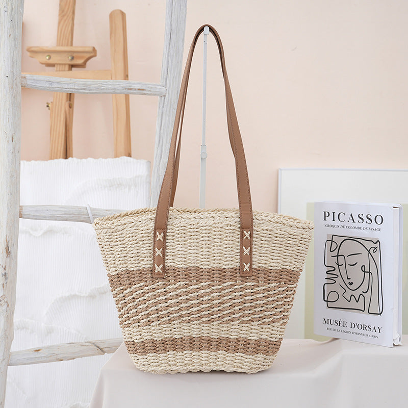 Capacity Straw Summer Stitching Contrast Color Fashion Vacation Bags