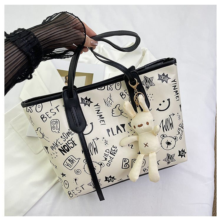Contrast Color Big Female Cute Cartoon Printed Easy Matching Large Bags
