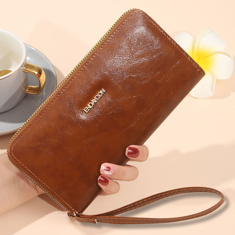 Women's Long Oil Wax Leather Fashion Large Capacity Simple Zipper Ladies Wallet