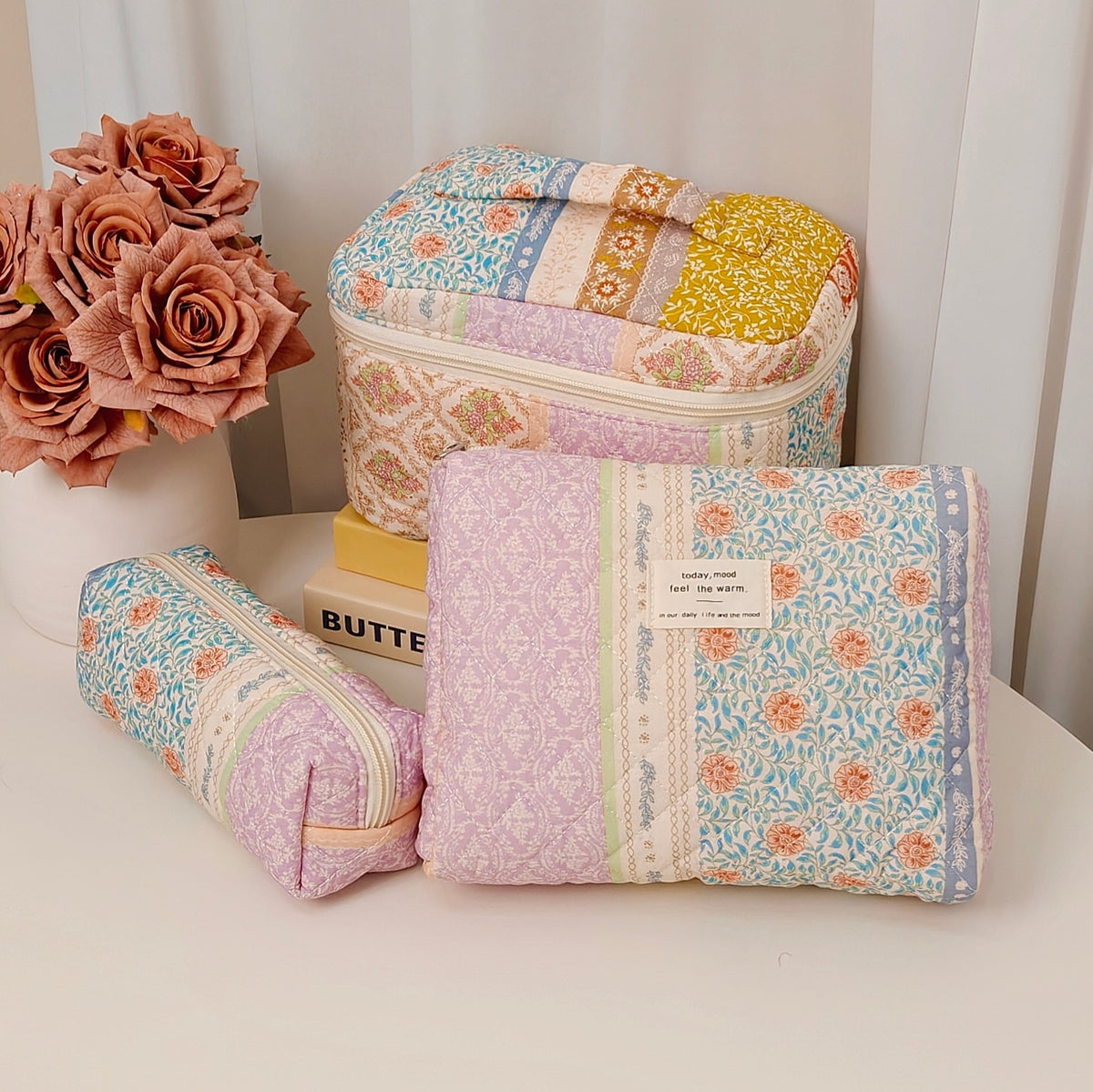 Floral Polyester Cotton Vertical Large Capacity Partition Makeup Bag