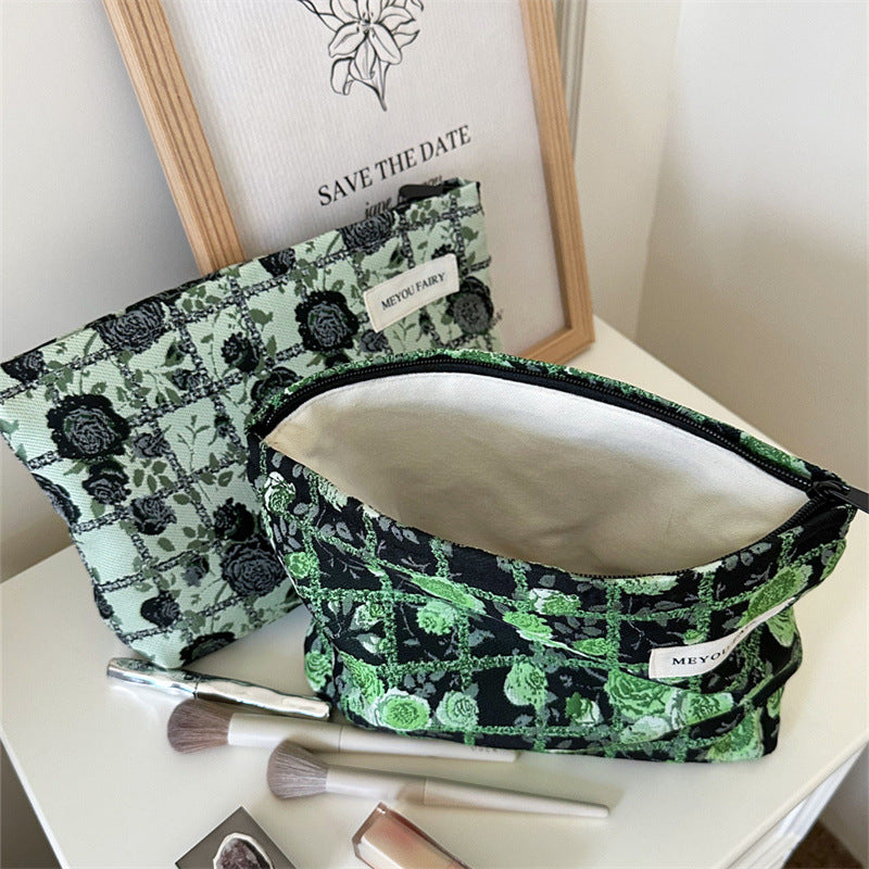 Plaid Rose Blackish Green Series Jacquard Canvas Large Capacity Artistic Makeup Bag