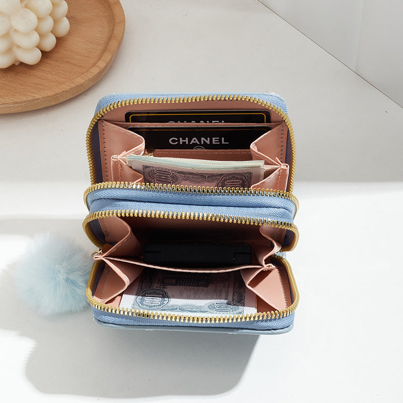 Mini Double Layer Zipper Fashion Embroidery Plush Pouches Card Holder