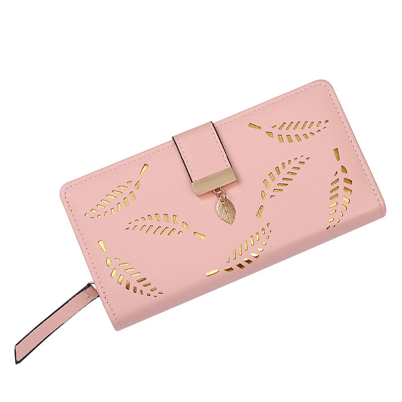Women's Hollow Leaf Billfold Leather Korean Style Two Fold Long Ladies Wallets