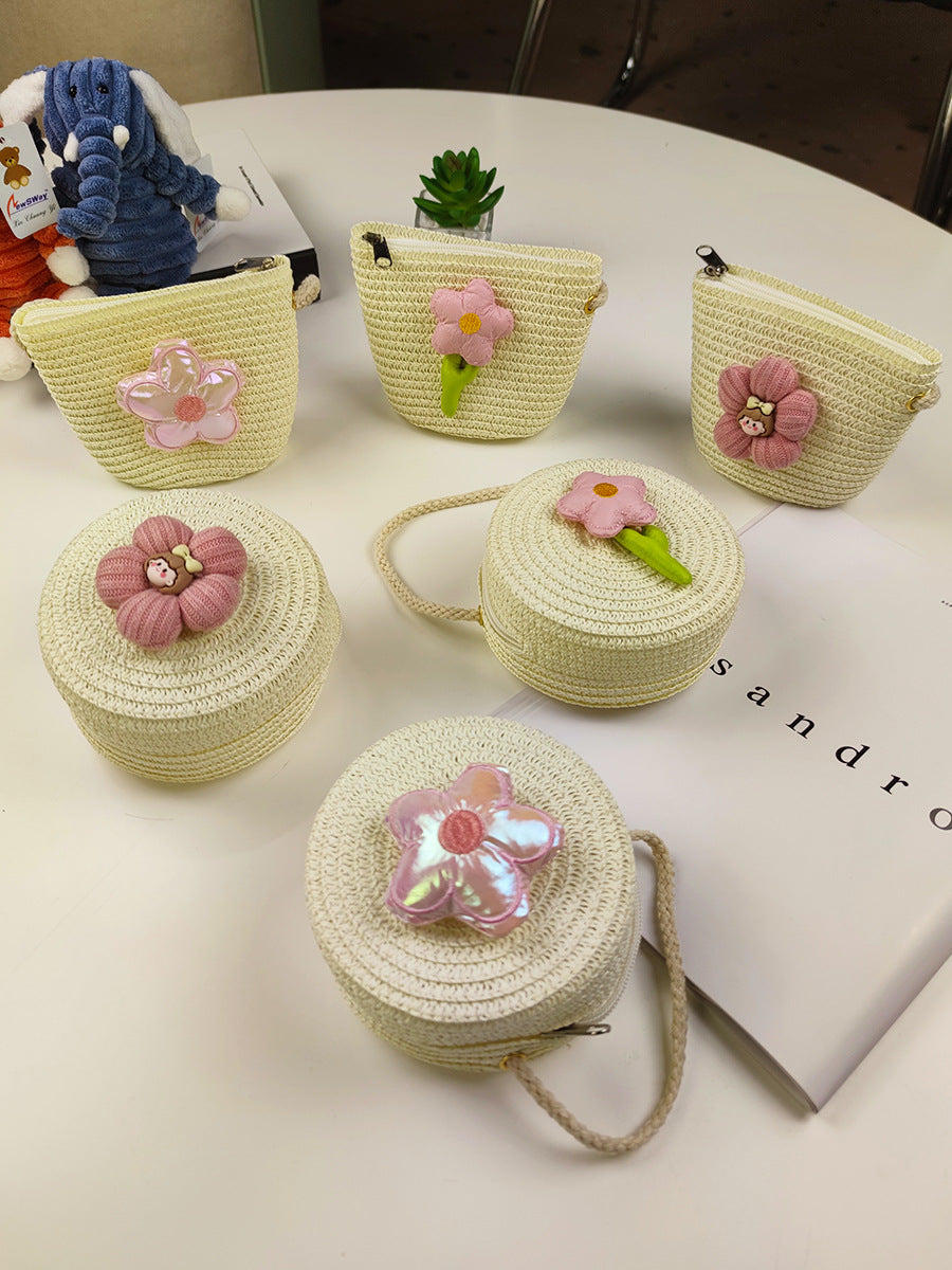 Children's Mini Straw Flower Woven Little Coin Purses