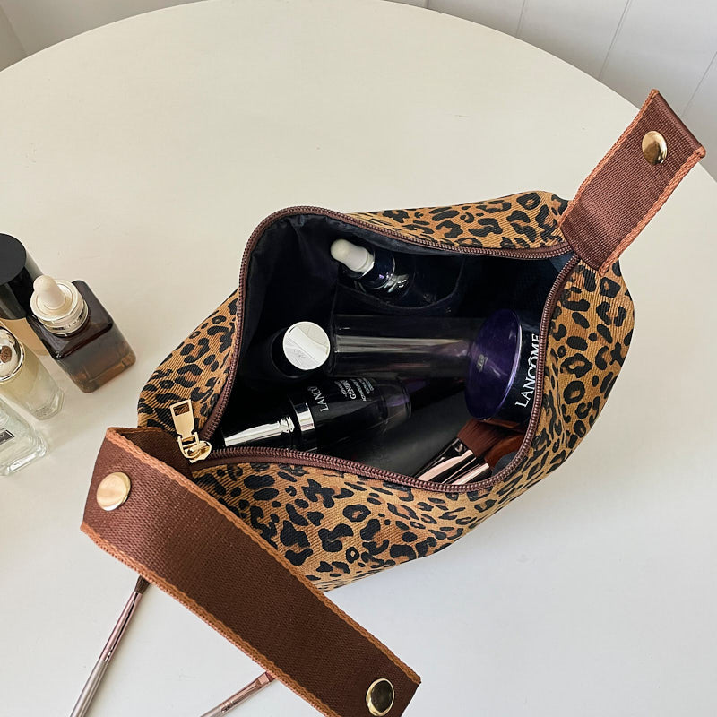 Leopard Print Advanced Sense Large Capacity Foldable Retro Style Makeup Bag