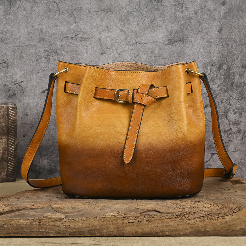 Women's First Layer Cowhide Solid Color Handmade Brushed Chinese Women's Shoulder Bag