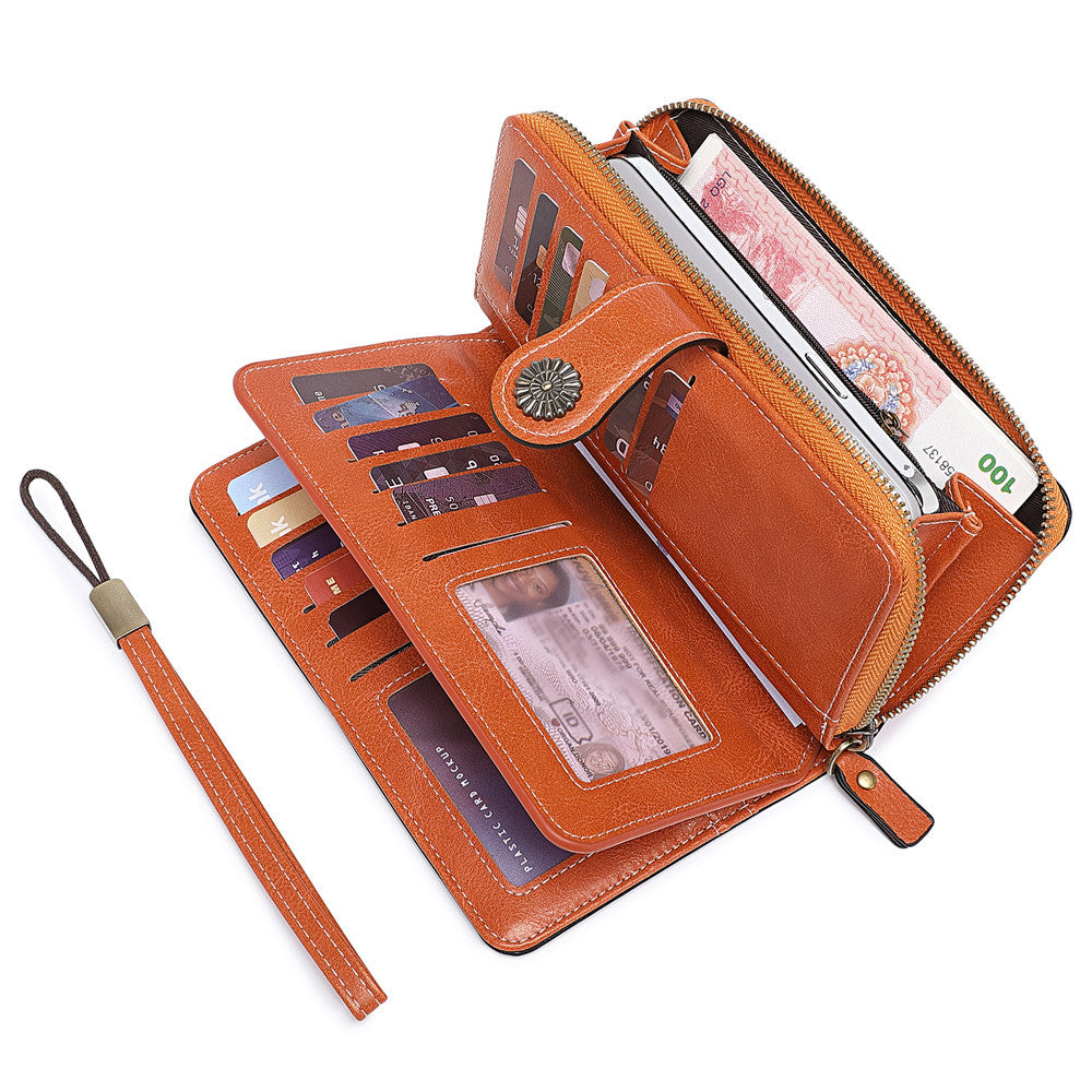 Women's Mobile Oil Leather Hand Long Zipper Coin Purses