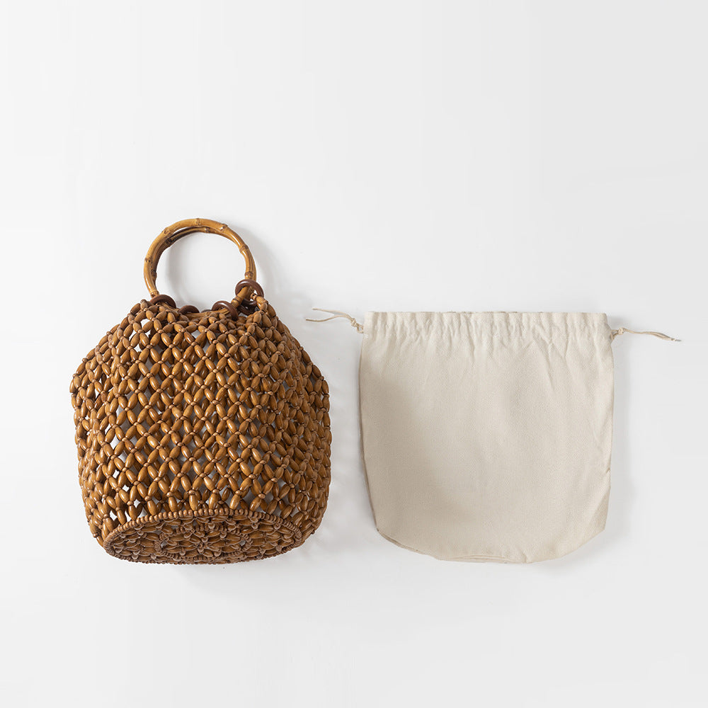Women's Large Capacity With Wooden Beads Decoration Seaside Bucket Bags