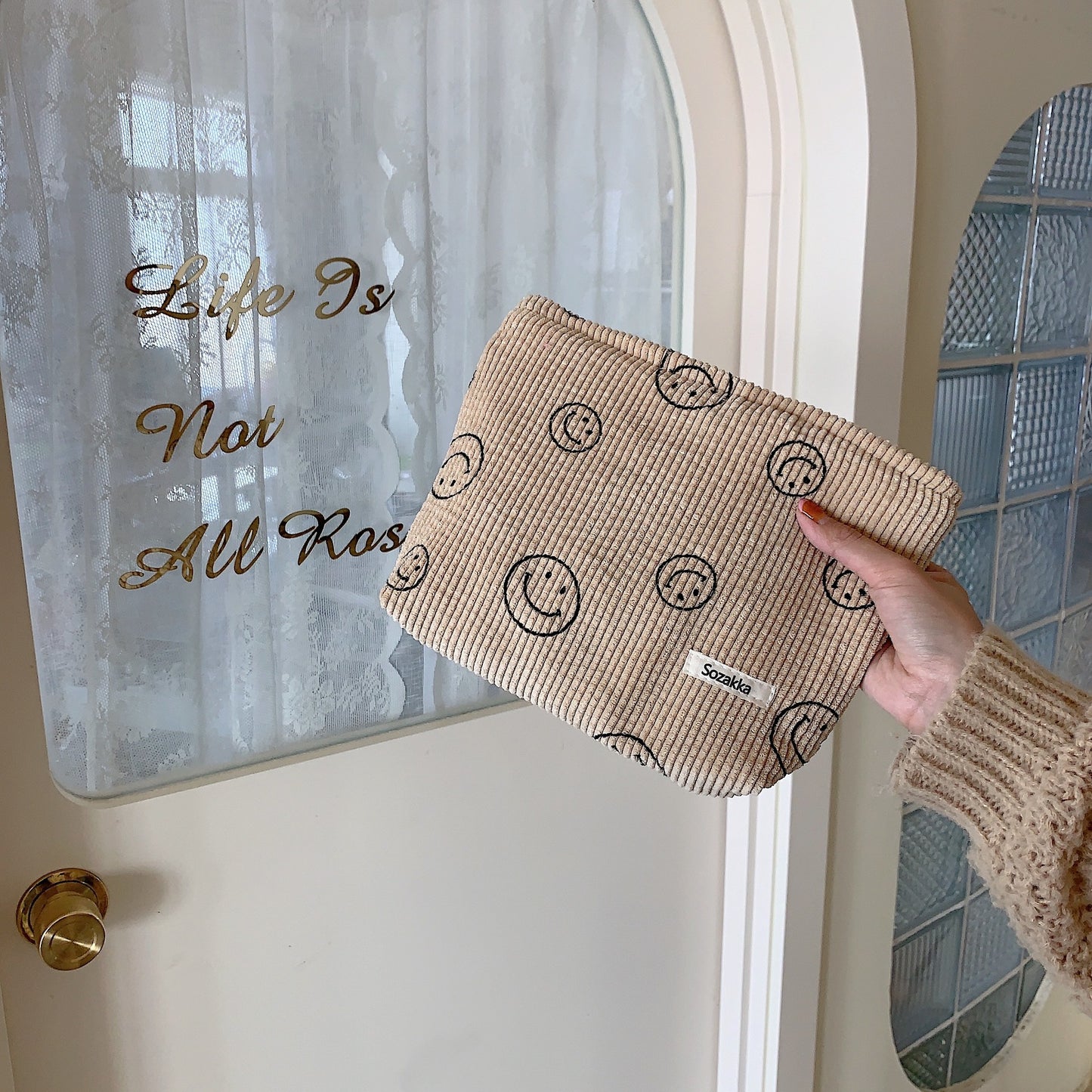 Corduroy Polka Dot Retro Smiley Face Storage Handbags