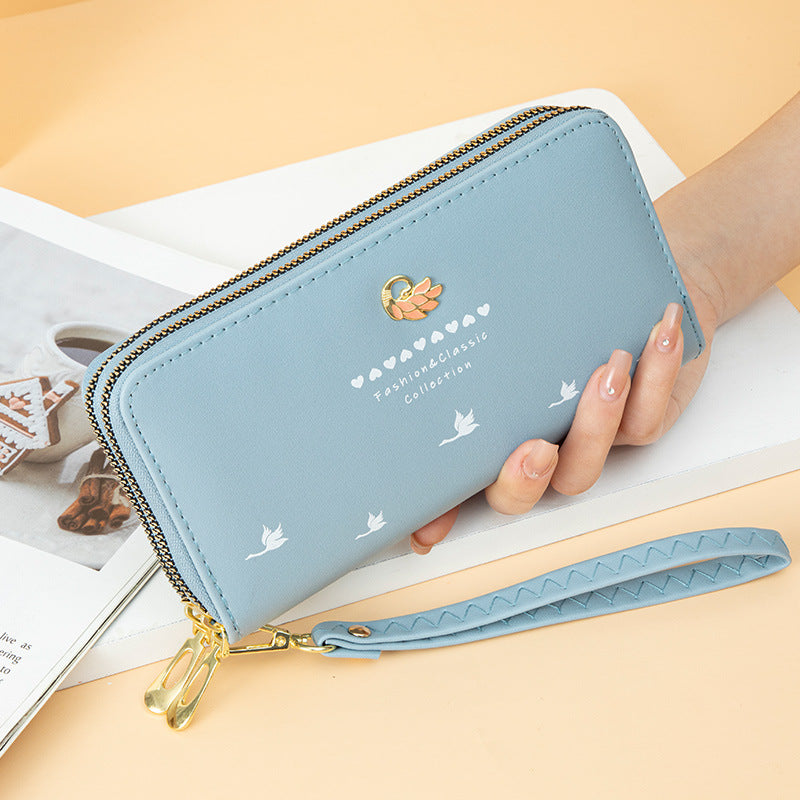 Women's Trendy Swan Double Zipper Large Capacity Wrist Ladies Wallet