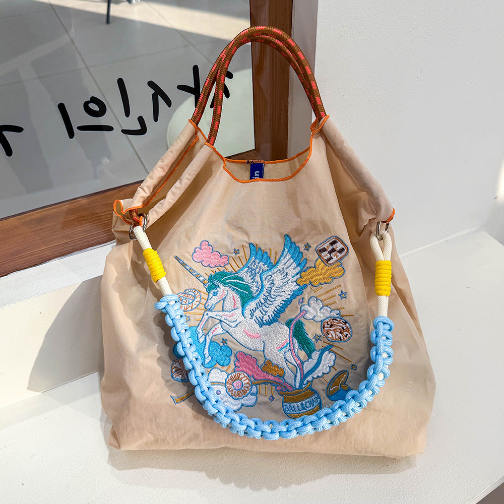 Lucky Horse Cartoon Waterproof Nylon Needle Embroidery Fashion Commuter Large Shoulder Bags