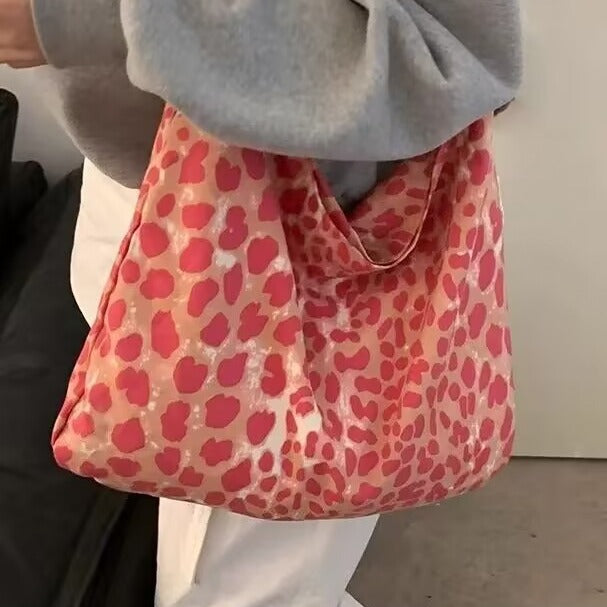 Leopard Print Corduroy Canvas Large Capacity Style Women's Shoulder Bag