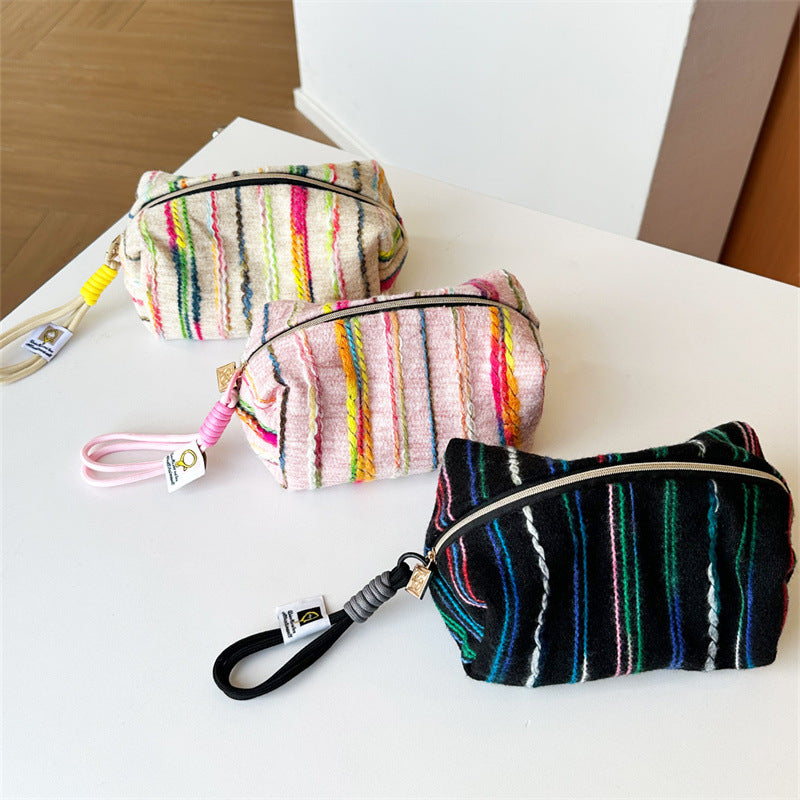 Striped Contrast Color Korean Style Canvas Three-dimensional Commuter Large Capacity Makeup Bag