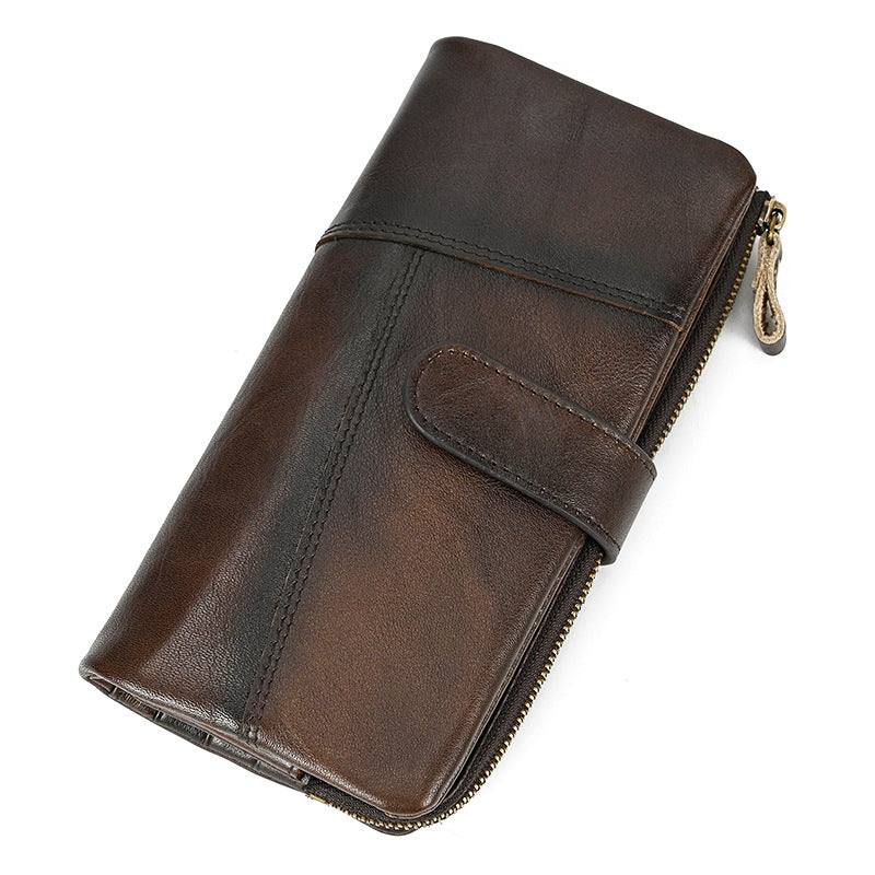 Vintage Leather Brushed Long Cowhide Stitching Multiple Men's Wallets