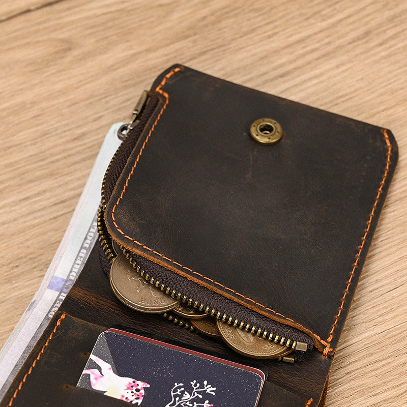 Men's Short With Zipper First Layer Cowhide Multiple Slots Crazy Men's Wallet