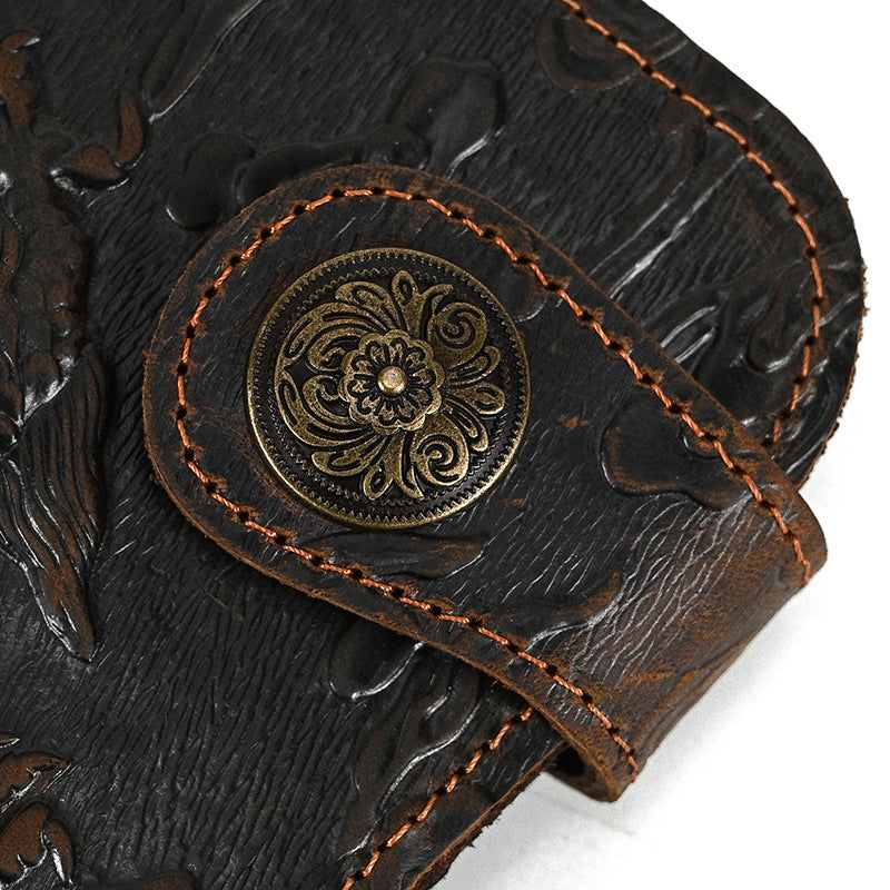 Men's Long Genuine Leather Crazy Horse Dragon Pattern Iron Chain Men's Wallet