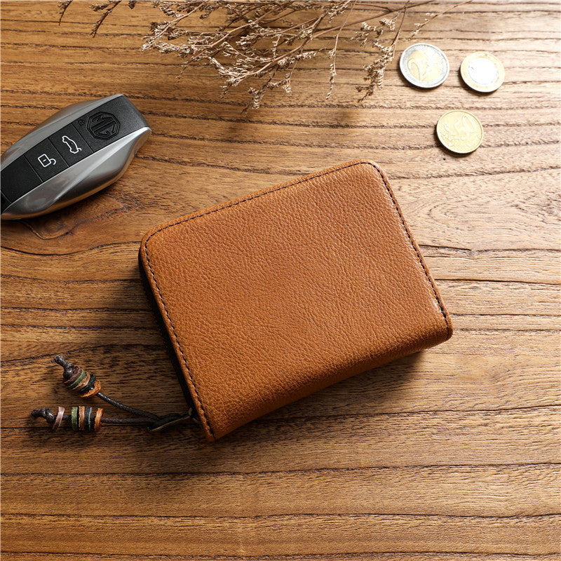 Men's Tanned Leather Cowhide Short Genuine Green Vertical Coin Purses