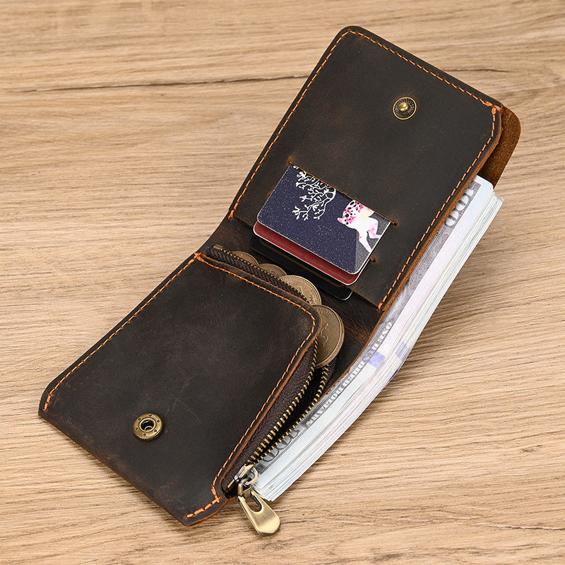 Men's Short With Zipper First Layer Cowhide Multiple Slots Crazy Men's Wallet