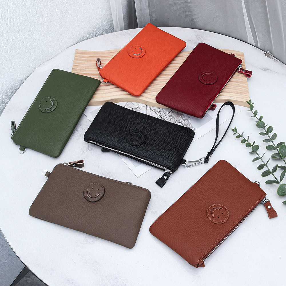 Women's First Layer Cowhide Long Clutch Fashion Smiley Ladies Wallet