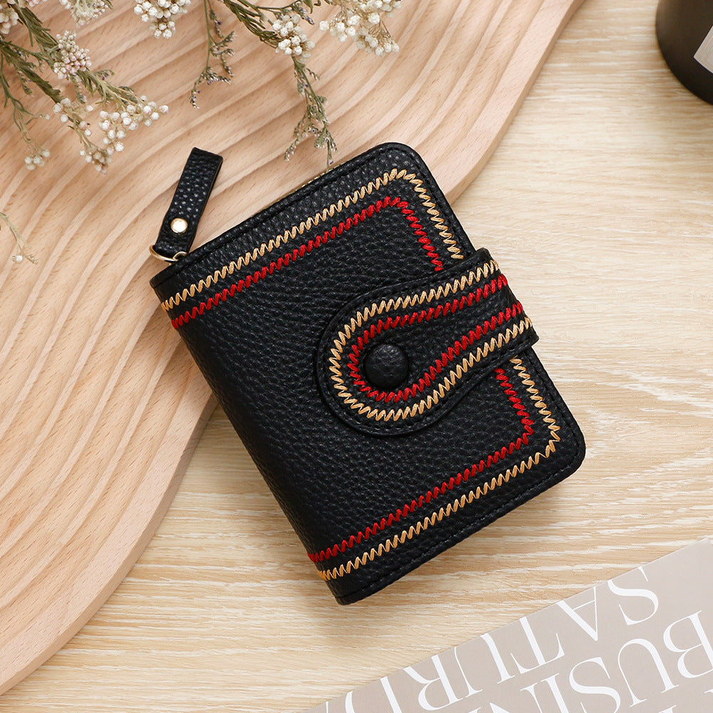 Women's Korean Style Short Zipper Hasp Litchi Pattern Embroidered Solid Color Ladies Wallet