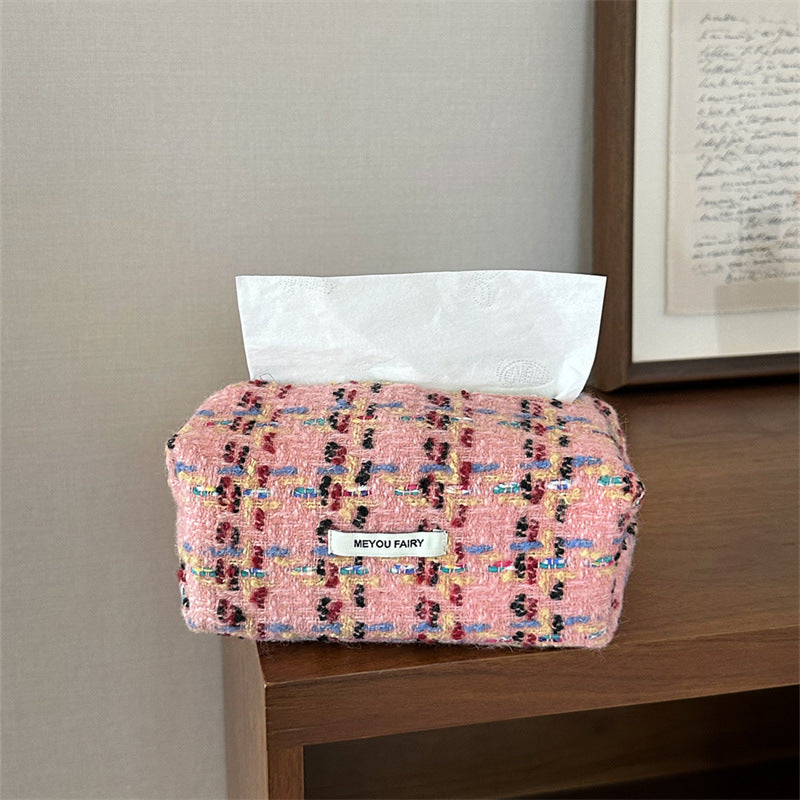 Style Pink Checked Cloth Knitted Tissue Box Home Bedroom Living Makeup Bag