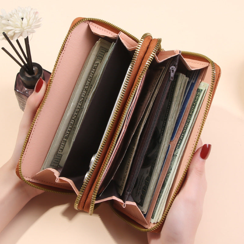 Women's Double Long Zipper Clutch Fashion Simple Lychee Pattern Large Ladies Wallet