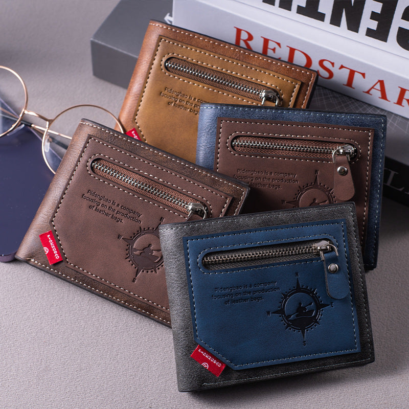 Men's Two-fold Leather Stitching Contrast Color Zipper Pocket Retro Fashion Men's Wallet