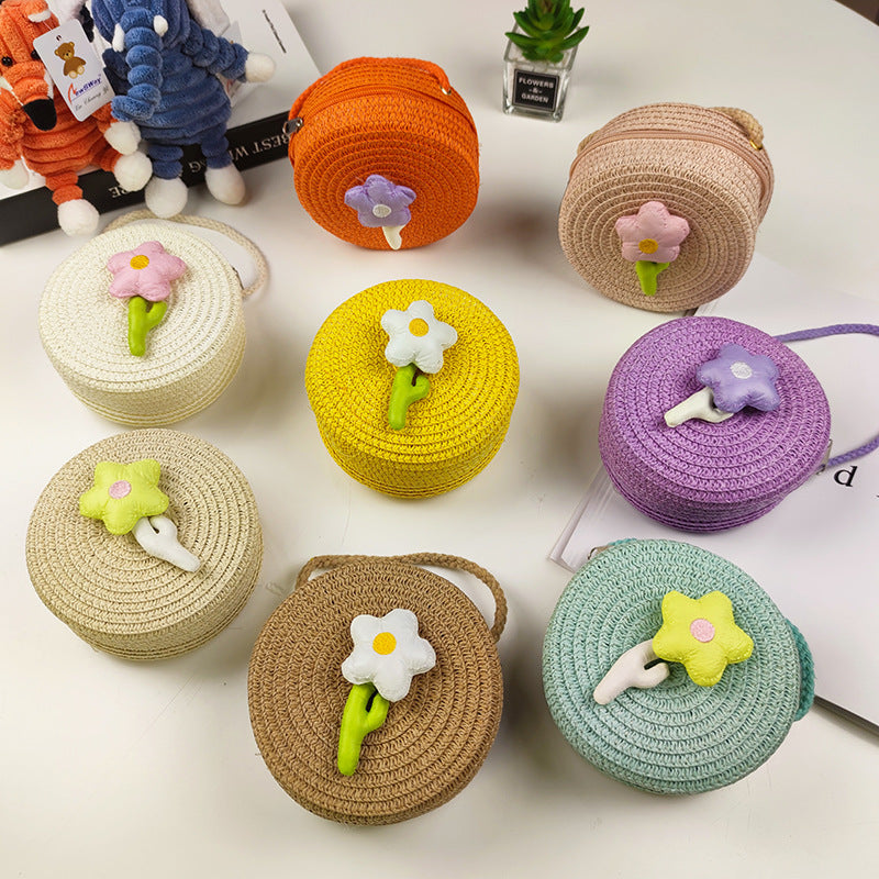 Children's Mini Straw Flower Woven Little Coin Purses