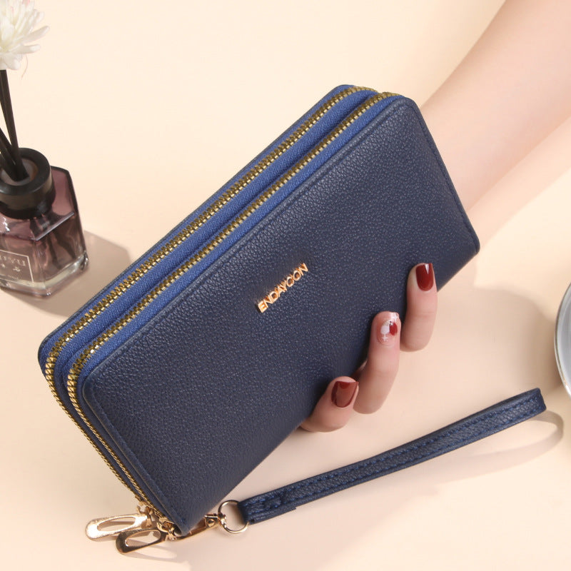 Women's Double Long Zipper Clutch Fashion Simple Lychee Pattern Large Ladies Wallet
