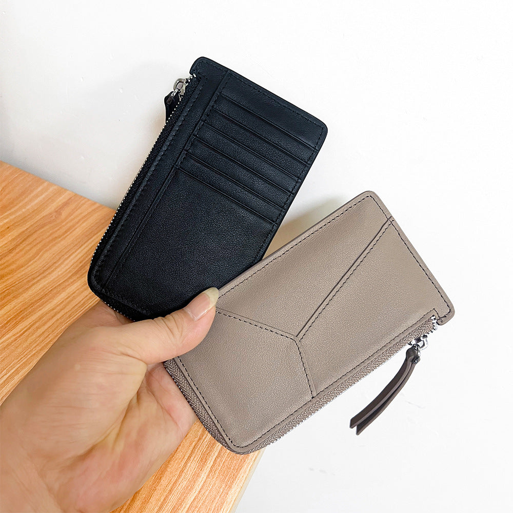 Women's Layer Cowhide Stitching Multiple Slots Zipper Coin Purses