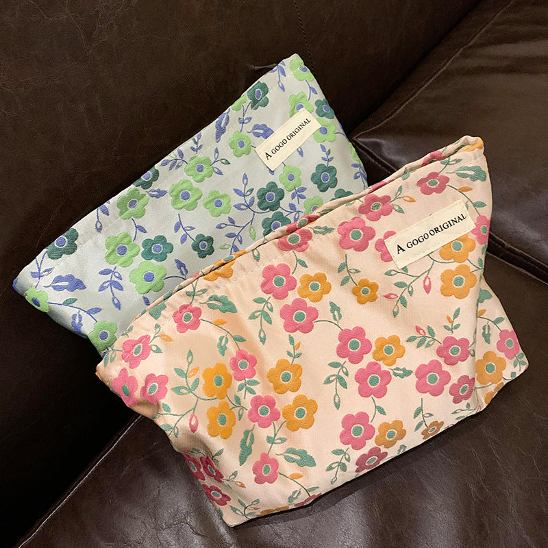 Embossed Flower Literary Printing Buggy Large Capacity Portable Toiletry Canvas Bags
