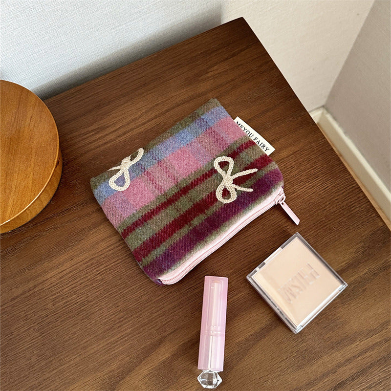 Plaid Woolen Bow Storage Large Capacity Wash Makeup Bag